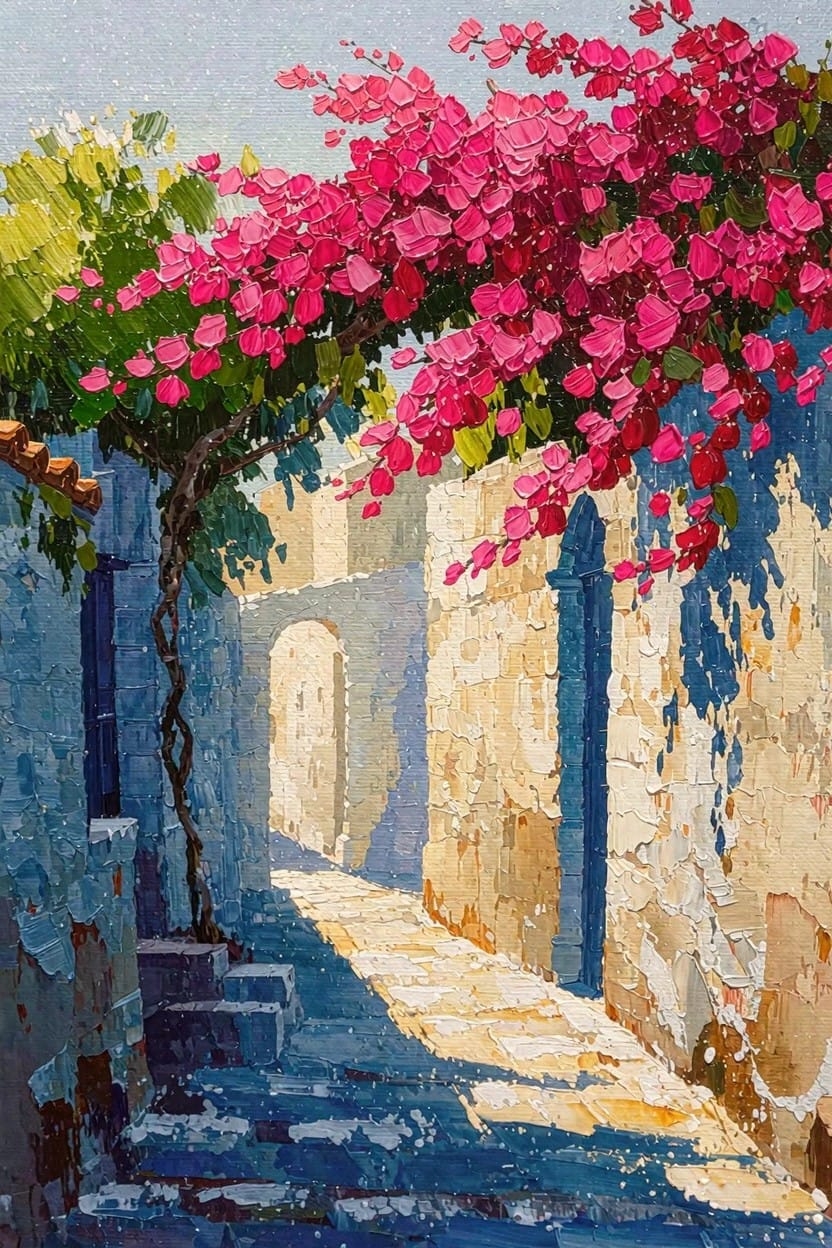 Acrylic painting of pink bougainvillea vines overhanging a sunlit narrow stone alley with blue doors and shadows.