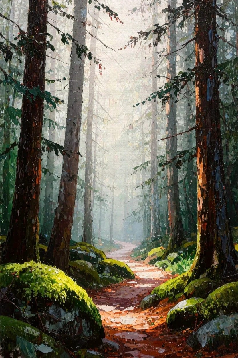 A detailed acrylic painting of a sunlit dirt path winding through tall evergreen trees with mossy rocks and ferns in a forest.