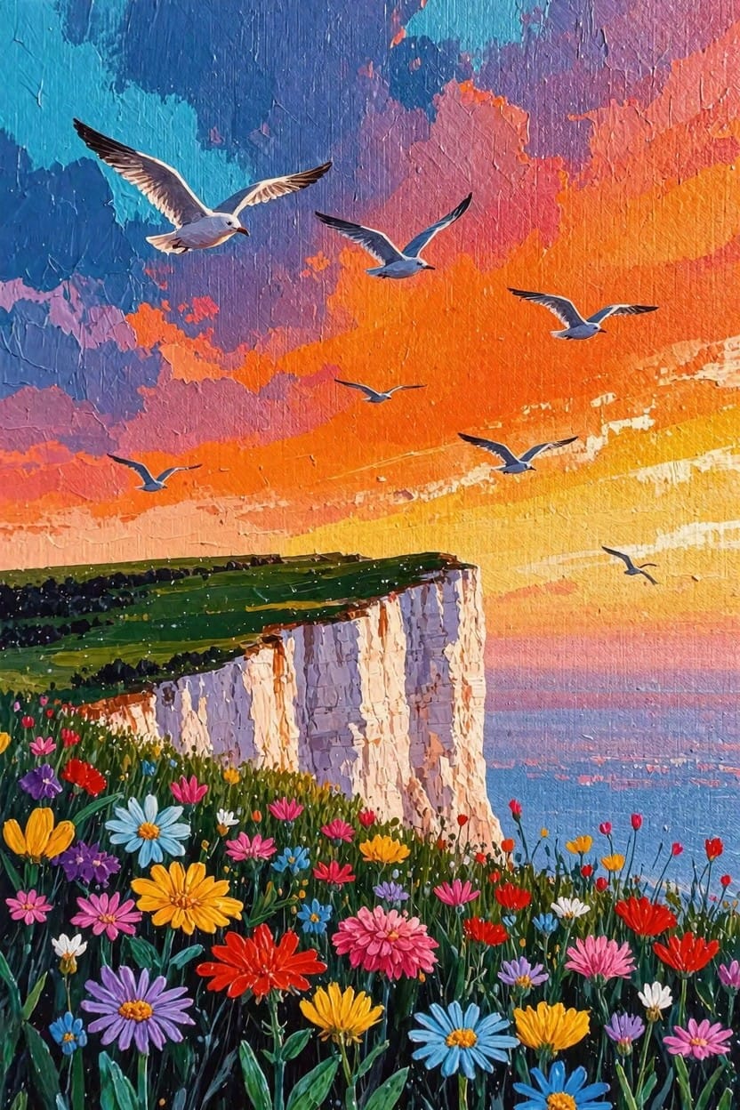 Painting of white cliffs topped with green grass and colorful wildflowers overlooking the sea, with seagulls flying in a pink-orange-blue sunset sky.