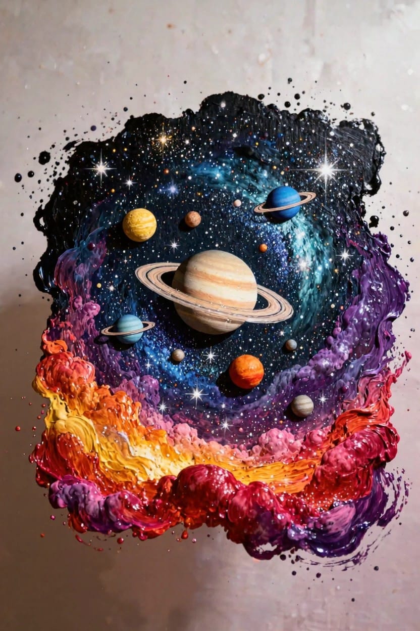 Abstract acrylic painting of a swirling solar system featuring central Saturn with rings, other planets, stars, and colorful textured gradients on a light background.