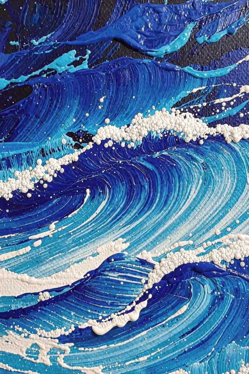 Acrylic impasto painting of turbulent blue ocean waves with white foam and textured brushwork.