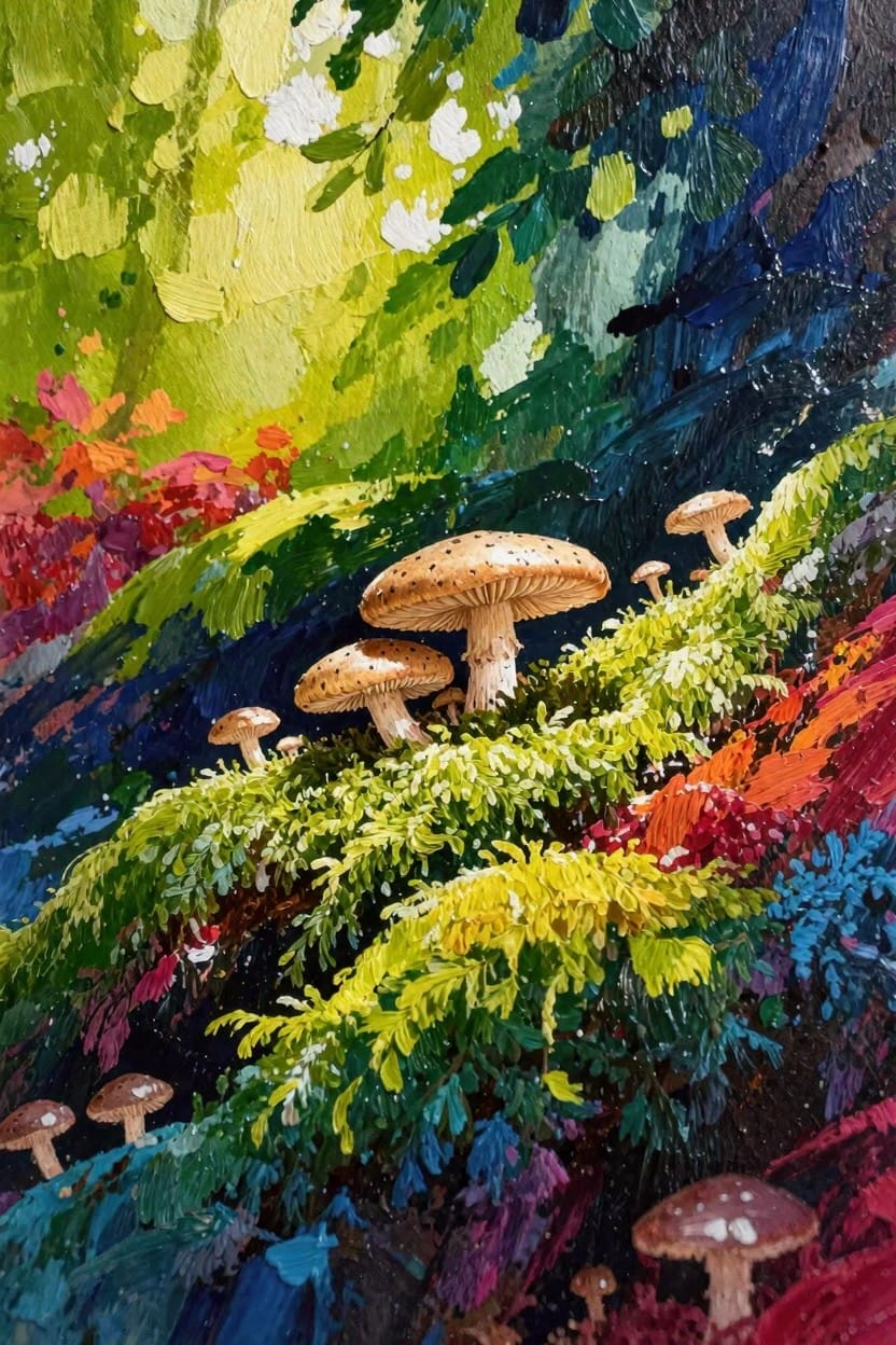 Colorful painting of tan mushrooms growing from green moss on a slope amid blue, purple, green, and red forest foliage.