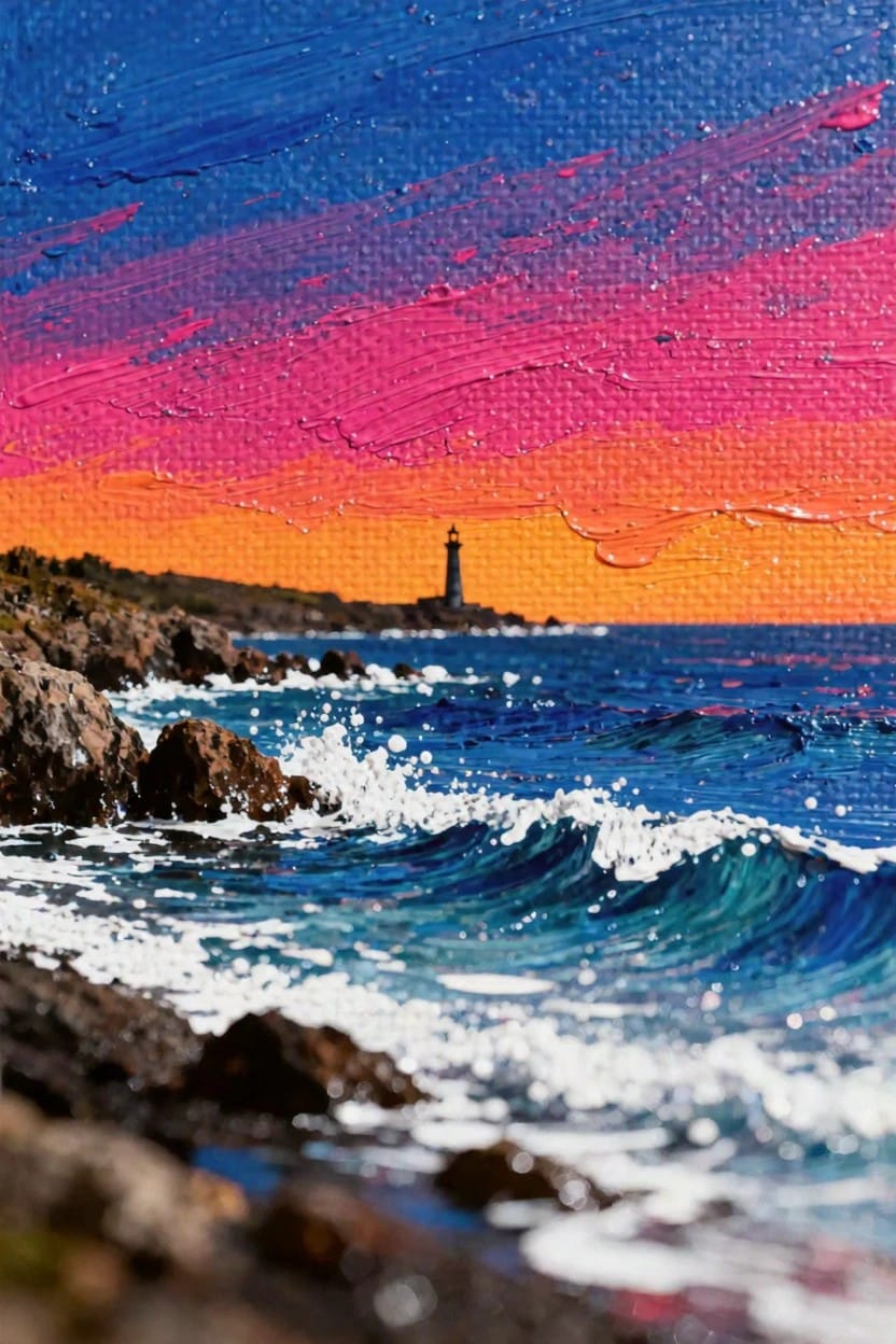 Acrylic impasto painting of a lighthouse on rocks at sunset with colorful sky and ocean waves.