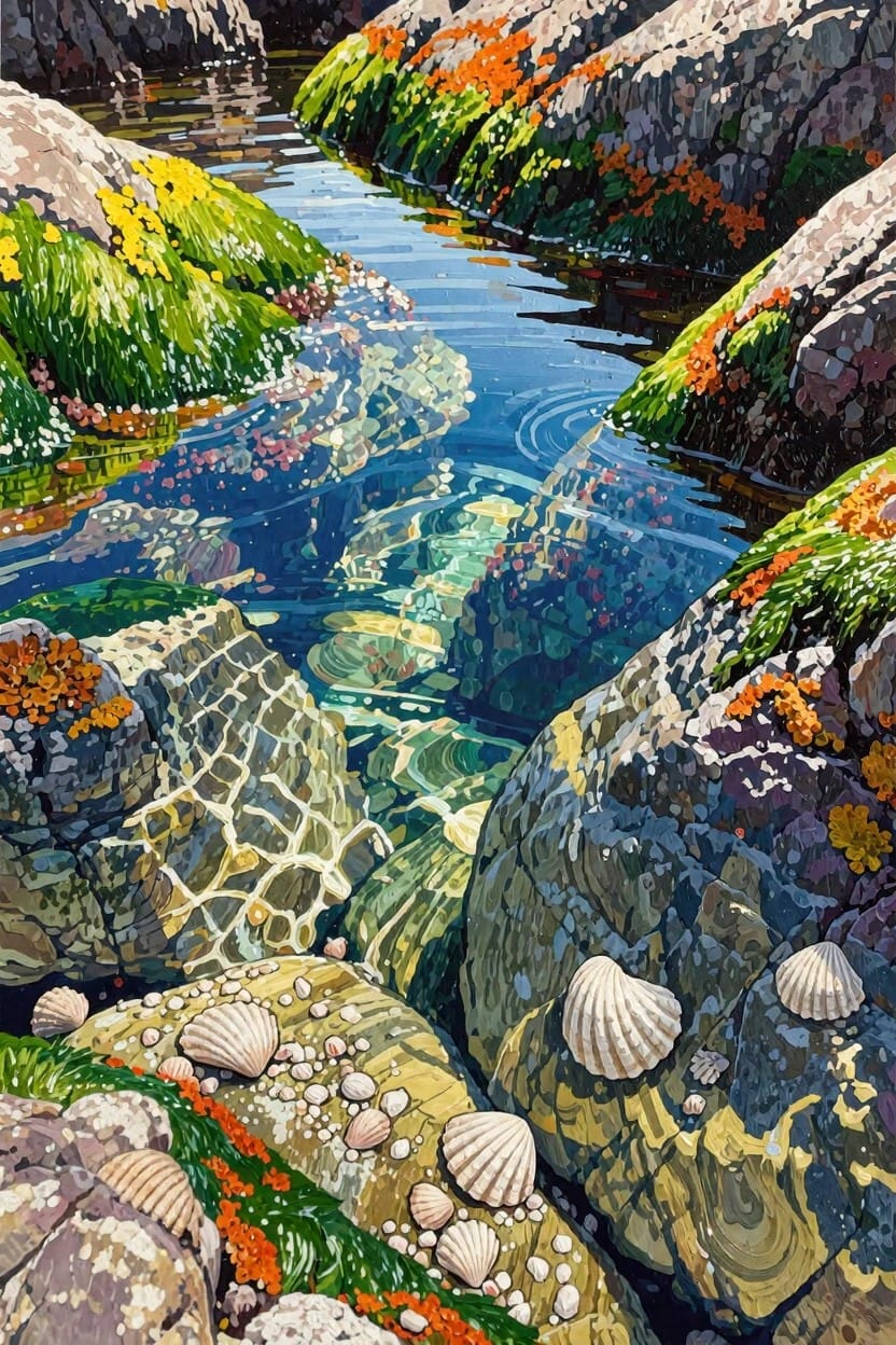 A detailed acrylic-style painting of tide pools between colorful seaweed-covered rocks with clear reflective blue water and scattered white shells.