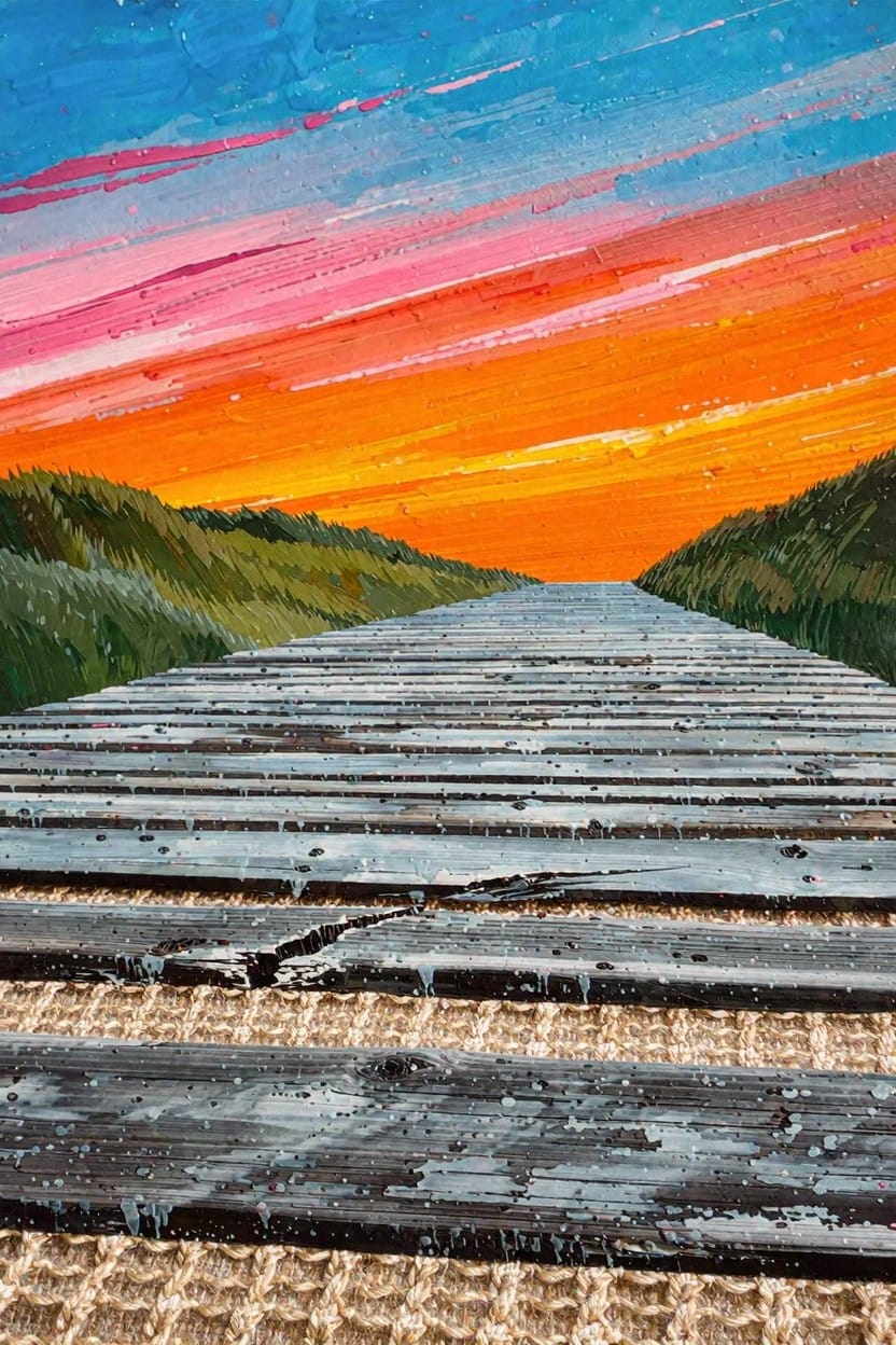 A vibrant acrylic landscape painting of a long wooden boardwalk receding through green hills into an orange-pink sunset sky.