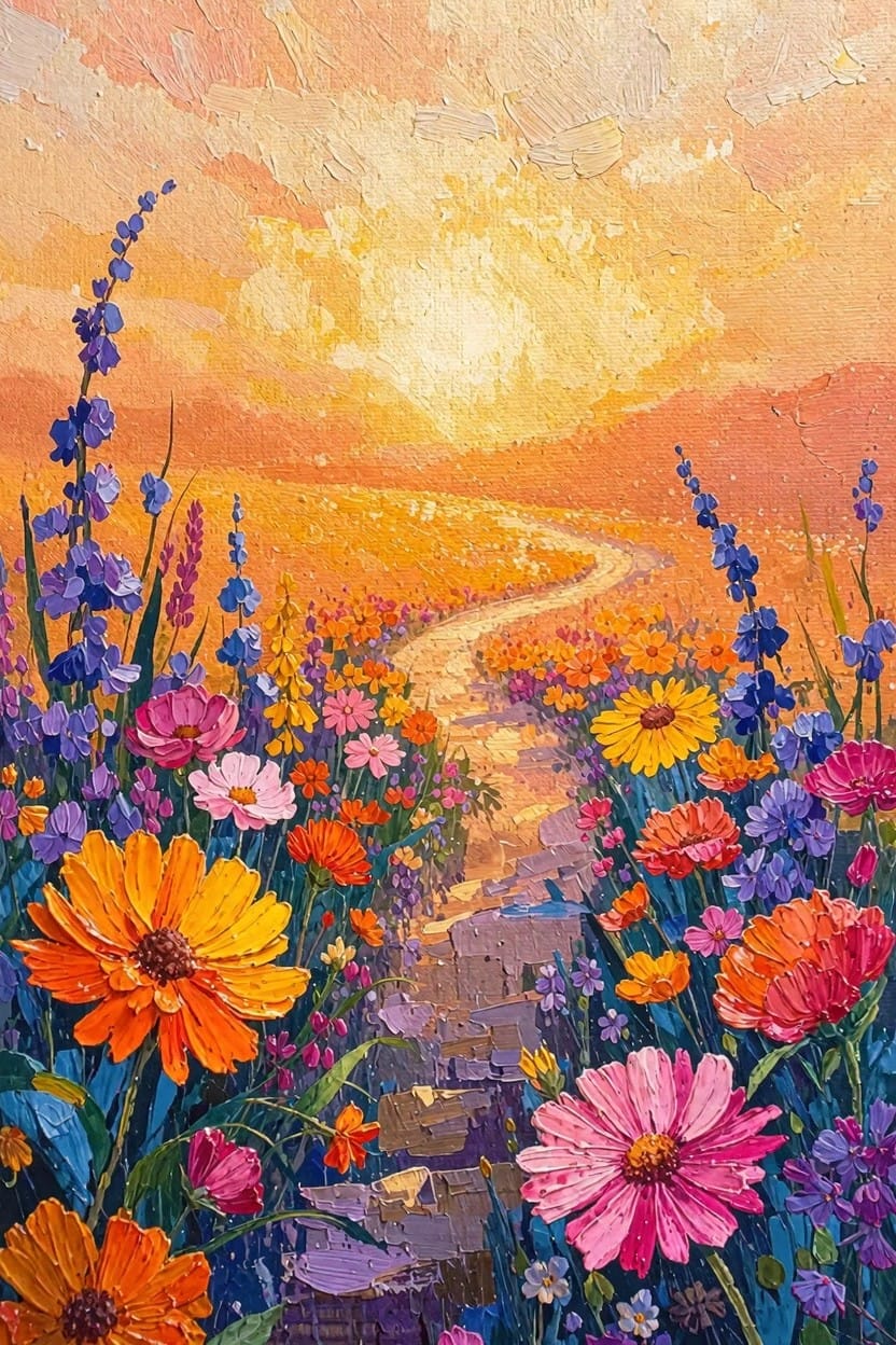 Textured painting of a curving path winding through colorful wildflowers under a warm sunset sky.