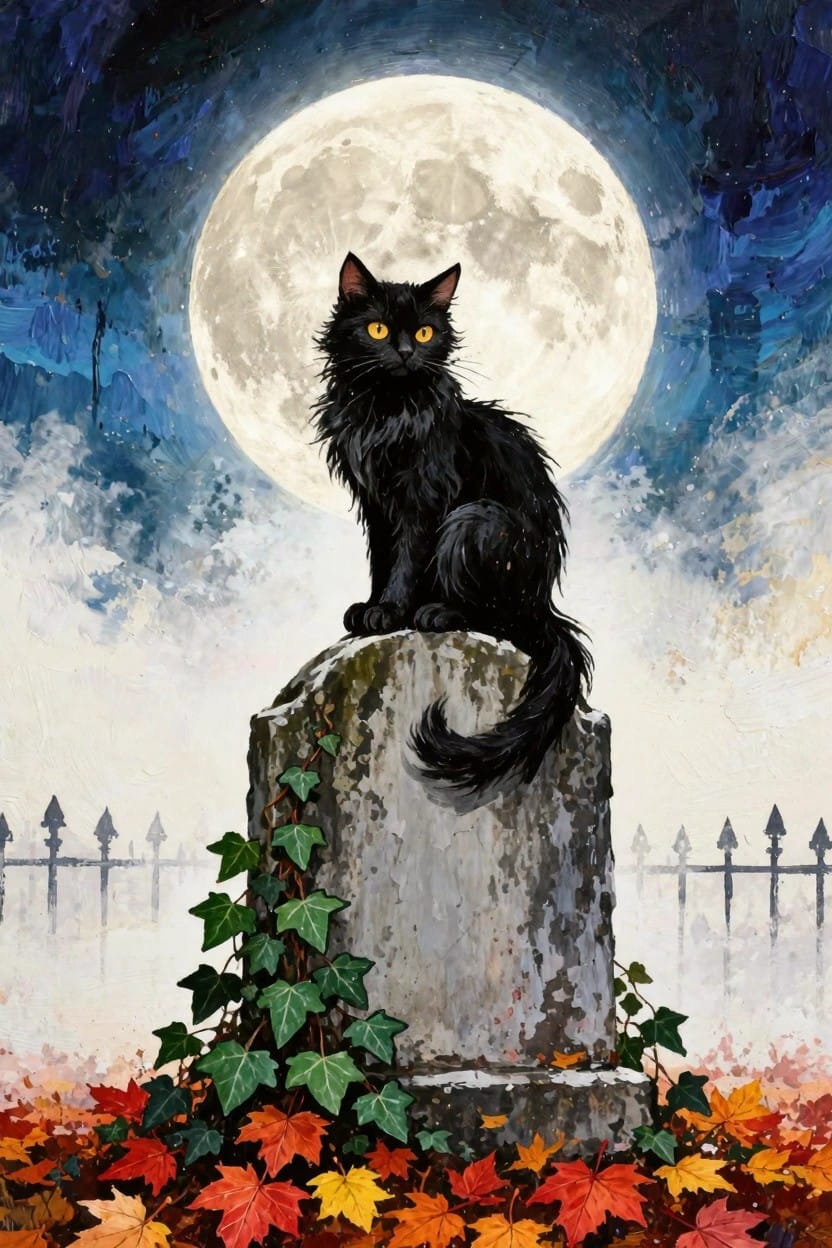Black cat with yellow eyes sits on ivy-covered gravestone under large full moon, foggy graveyard fence and autumn leaves in dark blue night sky.