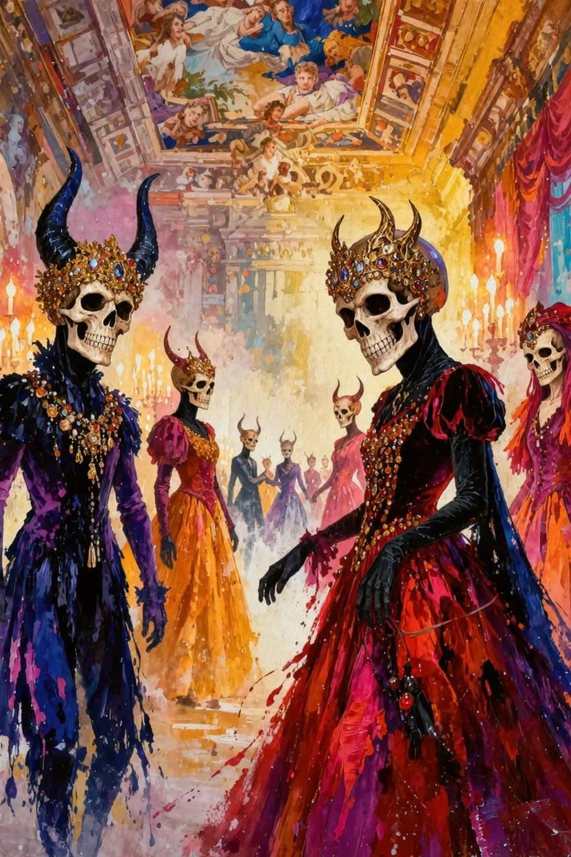 Multiple crowned skeleton women in elaborate colorful gowns process through a golden grand hall with arched ceilings and chandeliers.