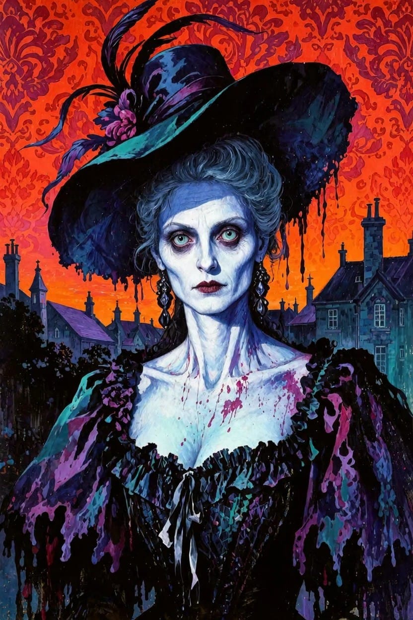 Pale undead woman with skull-like face and blood drips wears a wide purple hat and elaborate black gown against orange gothic buildings.
