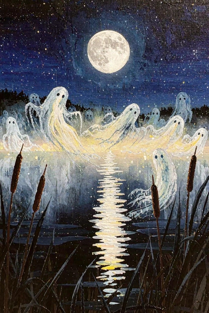 Dark blue nighttime painting of white ghosts floating symmetrically over a moon-reflecting water path lined with pale reeds.