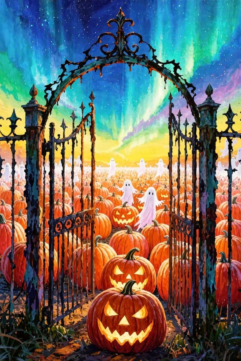 Ornate black wrought iron gate archway frames a pumpkin patch full of jack-o-lanterns and white ghosts under a colorful aurora borealis sky.