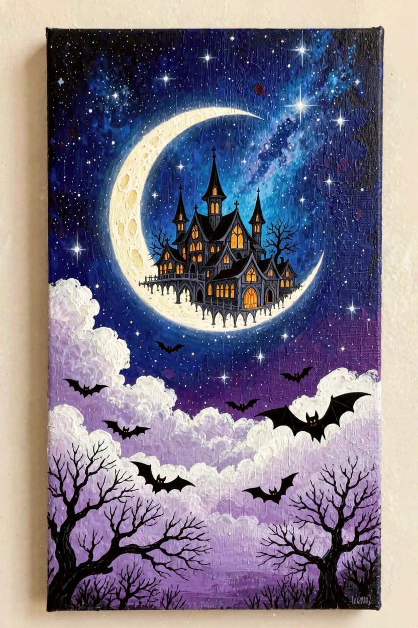 Acrylic painting of a dark gothic castle balanced on a large white crescent moon in a starry purple night sky with bats, clouds, and bare trees.