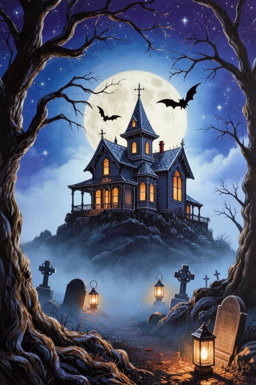 Dark gothic house on a hill with graveyard, twisted trees, full moon, bats, and lanterns in a foggy night scene.