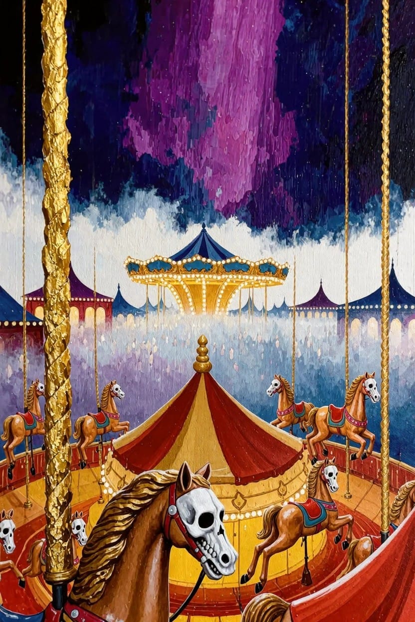 Acrylic-style painting of a carousel featuring horses with skull heads, gold poles, red canopy, purple sky, and background tents.
