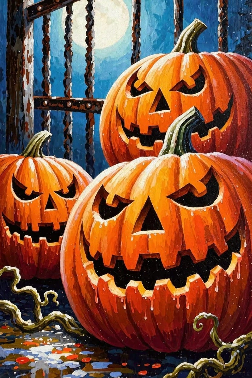 Three orange jack-o'-lanterns with sinister carved faces stack in front of a chained barred window under a full moon in a dark blue night scene.
