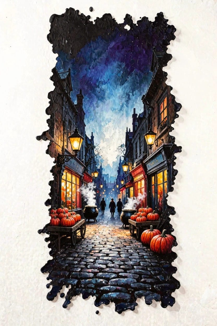 Dark blue nighttime street scene with cobblestones, old buildings, glowing lanterns, pumpkin carts, and three cloaked figures walking away amid mist.