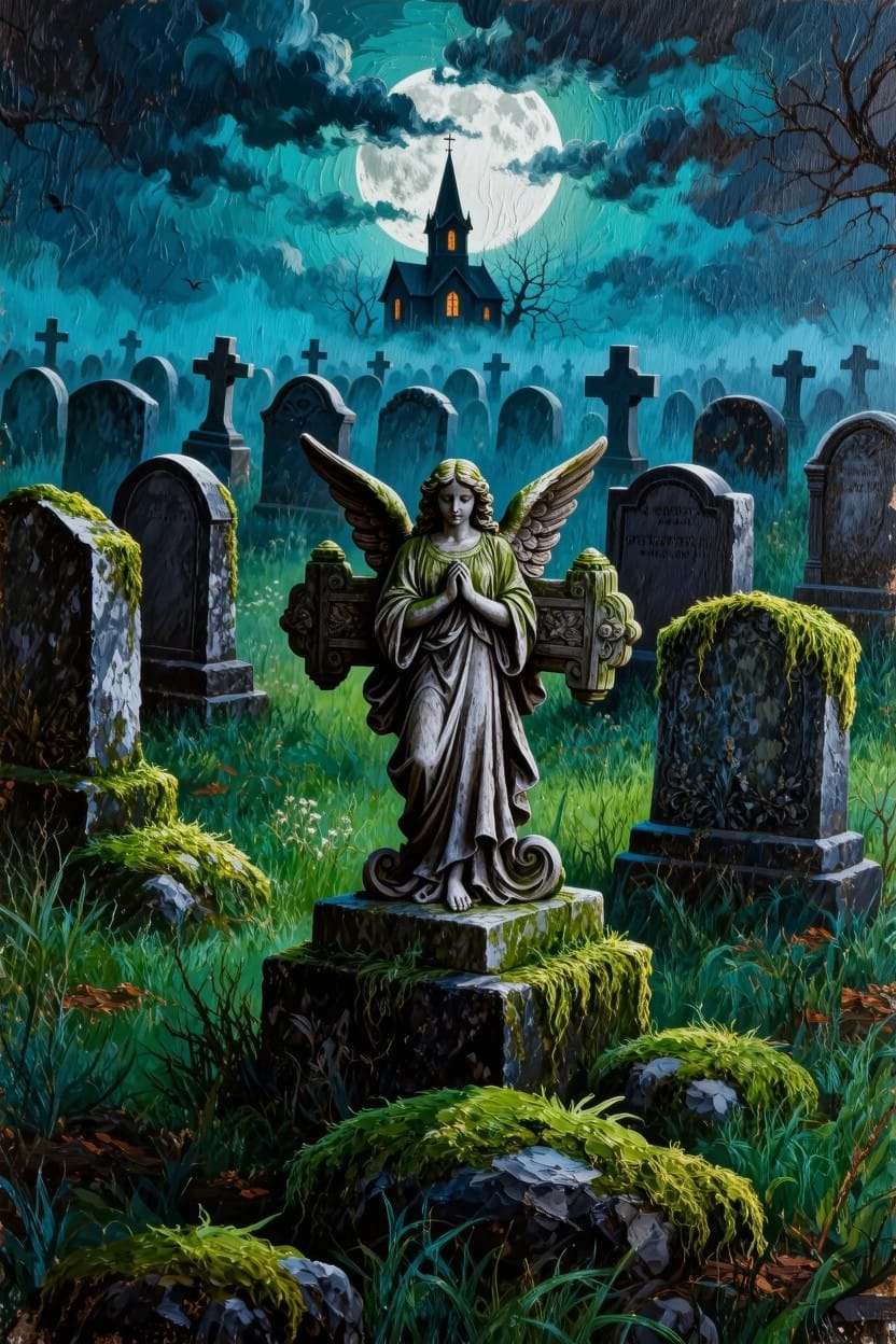 Detailed painting of a stone angel statue with wings praying amid tombstones in a dark graveyard under a full moon and stormy sky with a distant church.