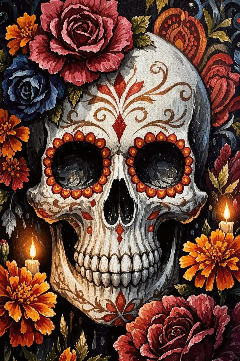 A white sugar skull decorated with red and gold patterns, surrounded by red, blue, and orange flowers and candles on a dark background.