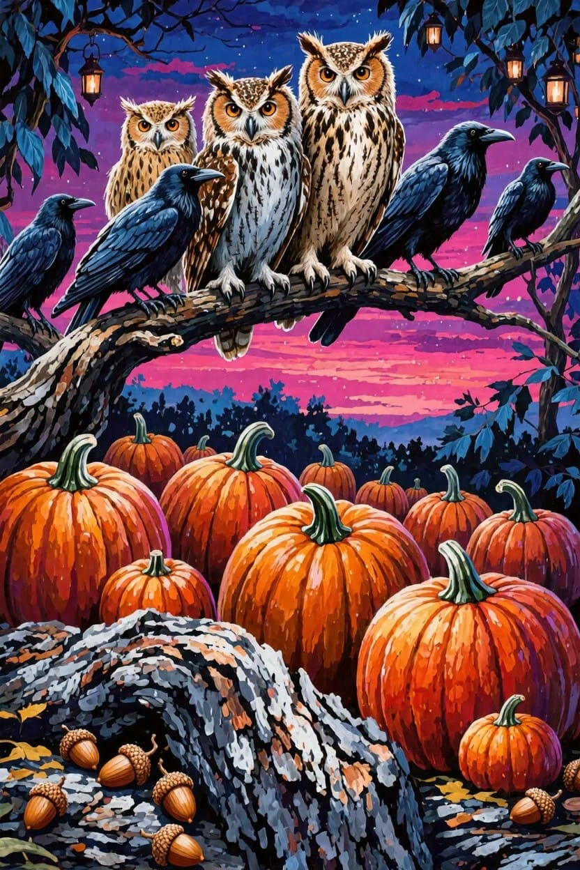 Detailed painting of multiple owls and ravens perched on a tree branch above a large pile of pumpkins and acorns in a purple twilight forest.