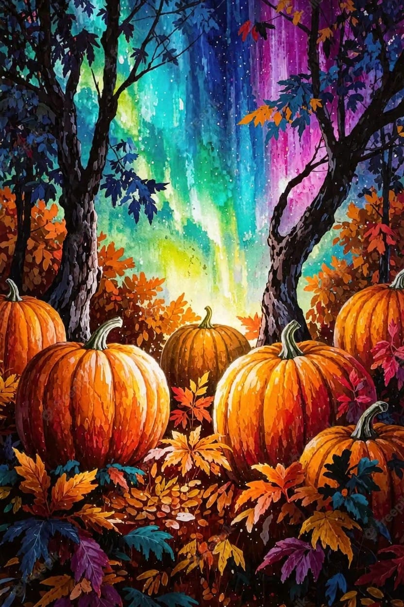 Vibrant painting of orange pumpkins amid fall leaves and dark trees under colorful northern lights in a forest.