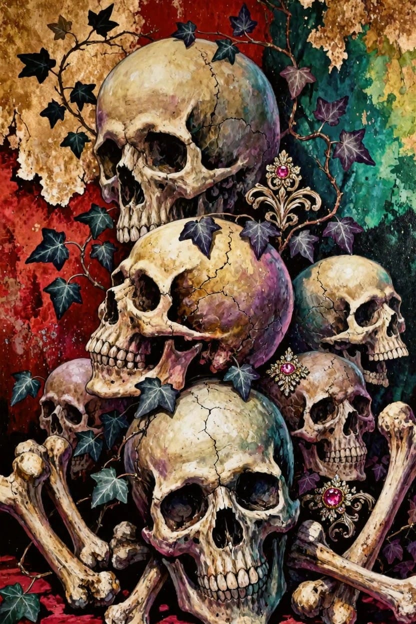 A precarious stack of detailed skulls intertwined with colorful ivy vines, accented by bones and jewels on a dark red background.