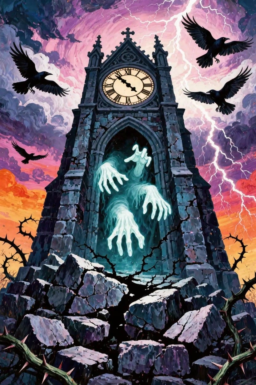 A gothic clock tower in a stormy purple sky with lightning, ravens flying around, ghostly green hands emerging from the archway, and thorny rocks at the base.
