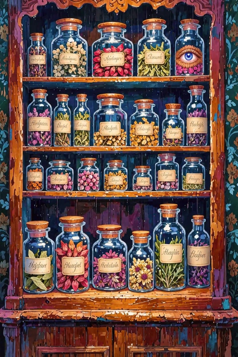 Wooden apothecary cabinet with glass jars of herbs, flowers, seeds, and eyeballs on multiple shelves in purple tones.