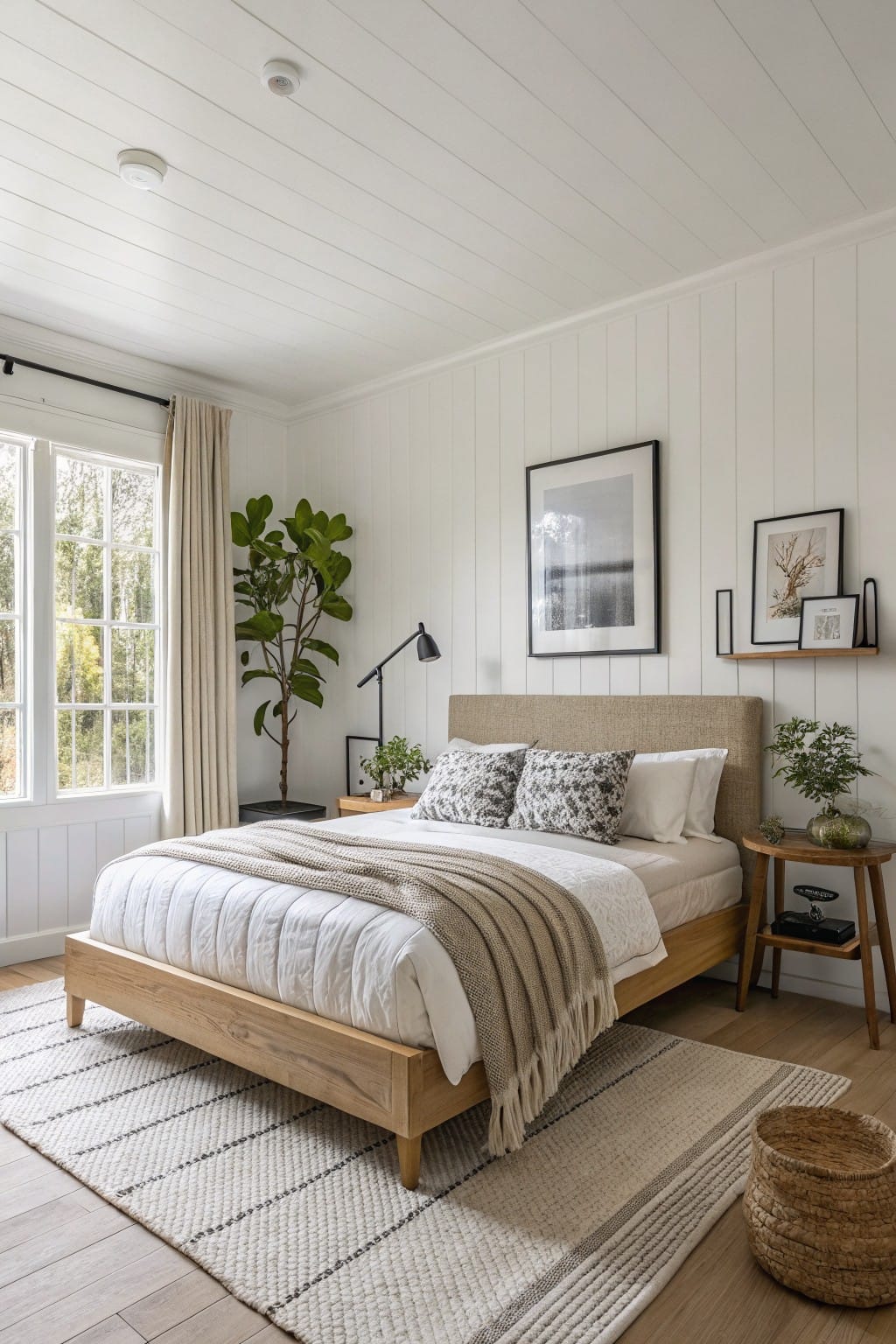 Bedroom with crisp white shiplap walls, light oak bed frame, beige bedding, potted plants, and large windows for natural light