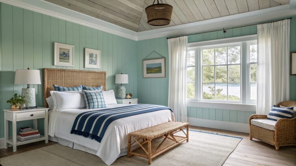 Bedroom featuring pale mint green shiplap walls, rattan headboard with striped pillows, white bedding draped with navy throw, and French doors opening to a deck