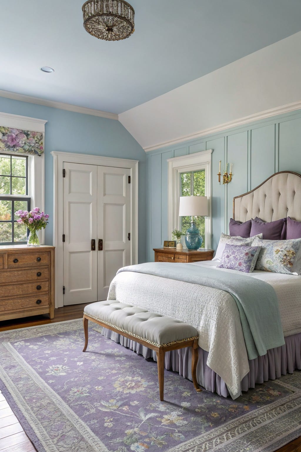 Bedroom with pale blue paneled walls, white double doors, king bed with white duvet and purple pillows, wood furniture, and purple floral rug