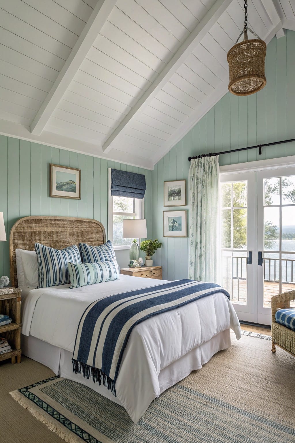 Bedroom featuring pale mint green shiplap walls, rattan headboard with striped pillows, white bedding draped with navy throw, and French doors opening to a deck
