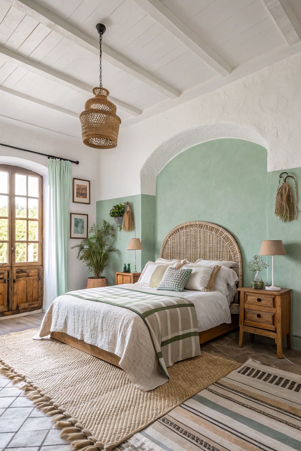 Cozy bedroom featuring pale sage green accent wall with rattan headboard, wood furniture, and layered neutral textiles on terracotta tile floor