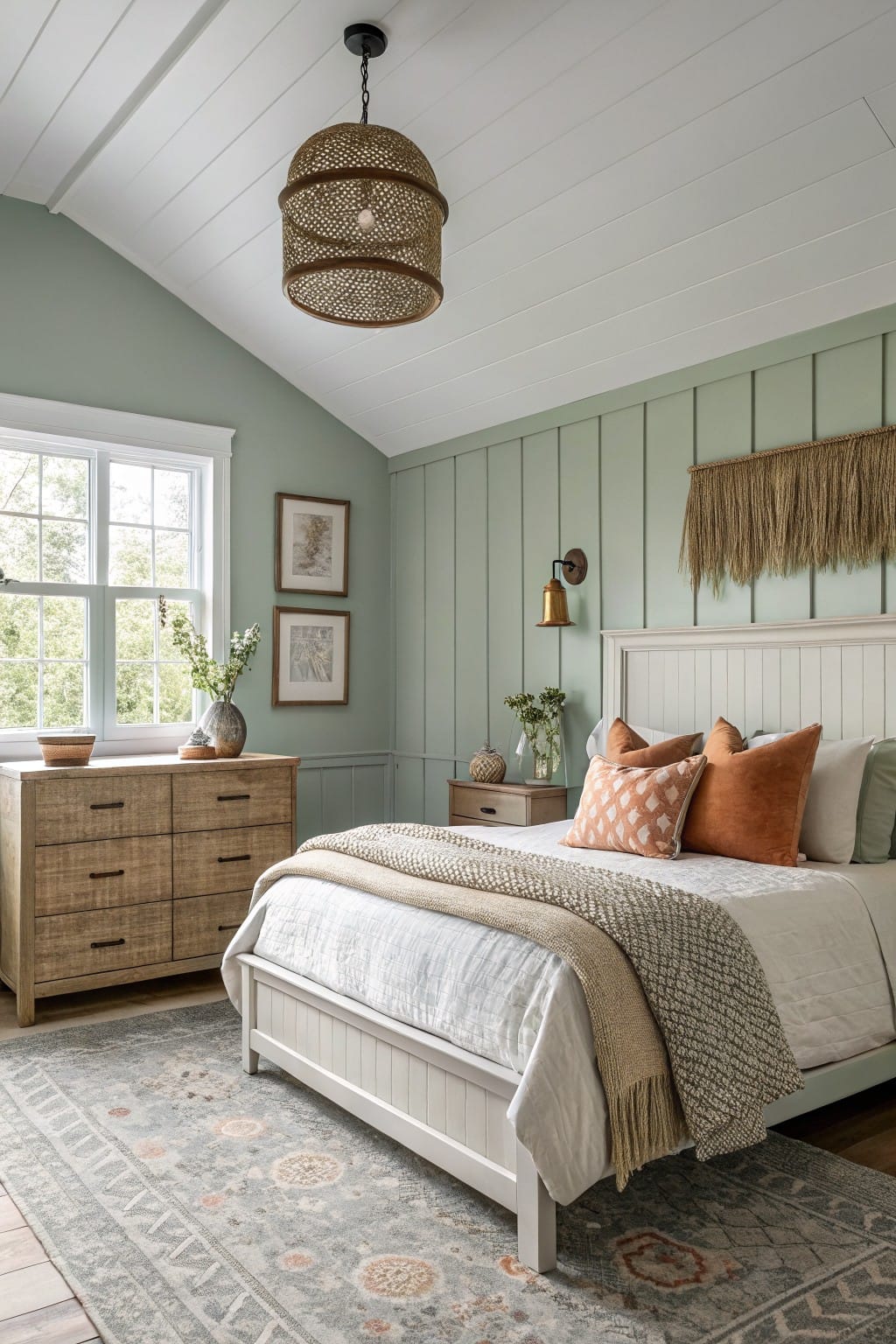 Cozy bedroom with pale sage green shiplap walls, white bed frame, wood dresser, and rattan accents under a woven pendant light