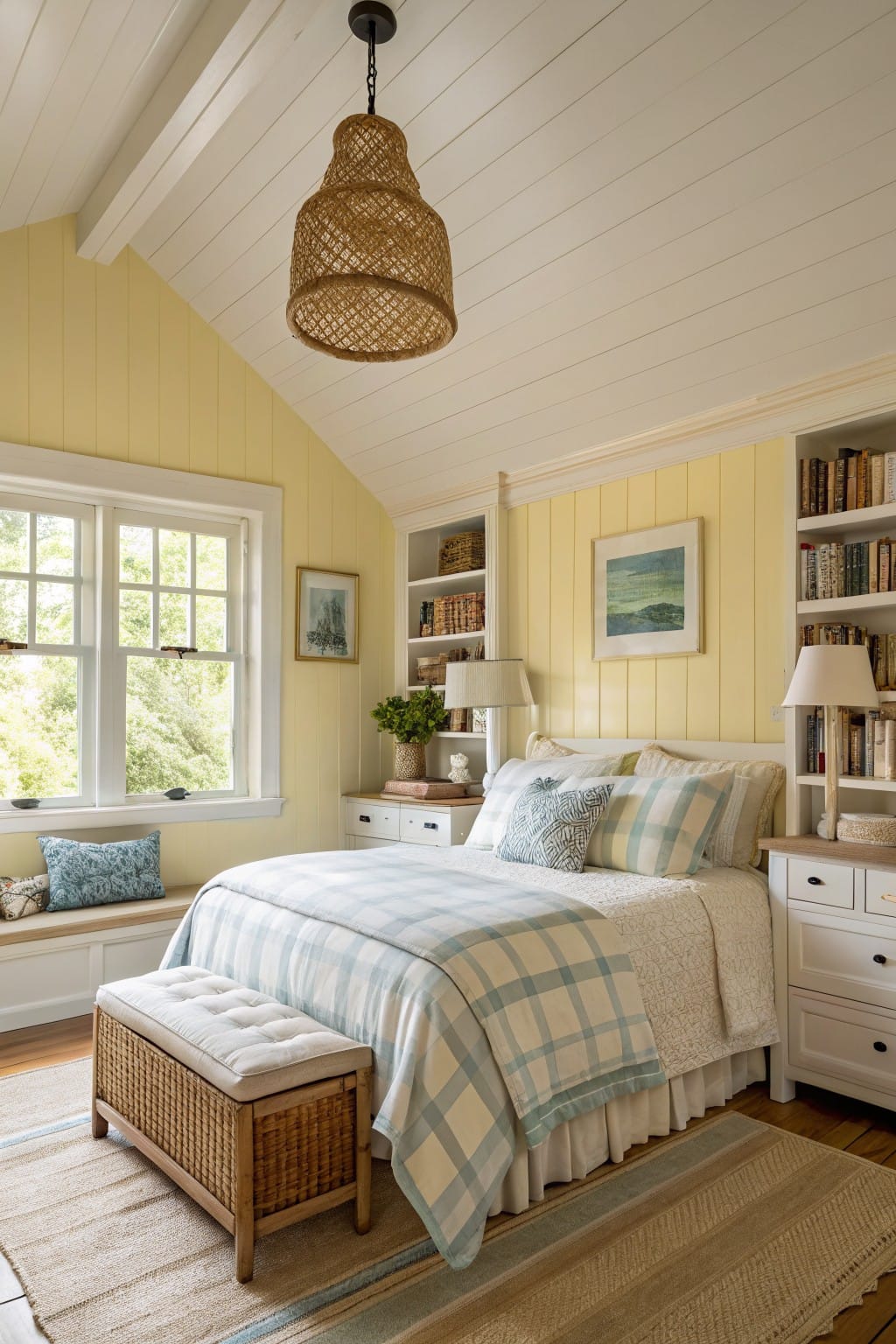 Cozy attic bedroom with pale yellow vertical plank walls, white wood trim, plush checkered bedding, built-in bookshelves, and soft natural light from large multipane windows