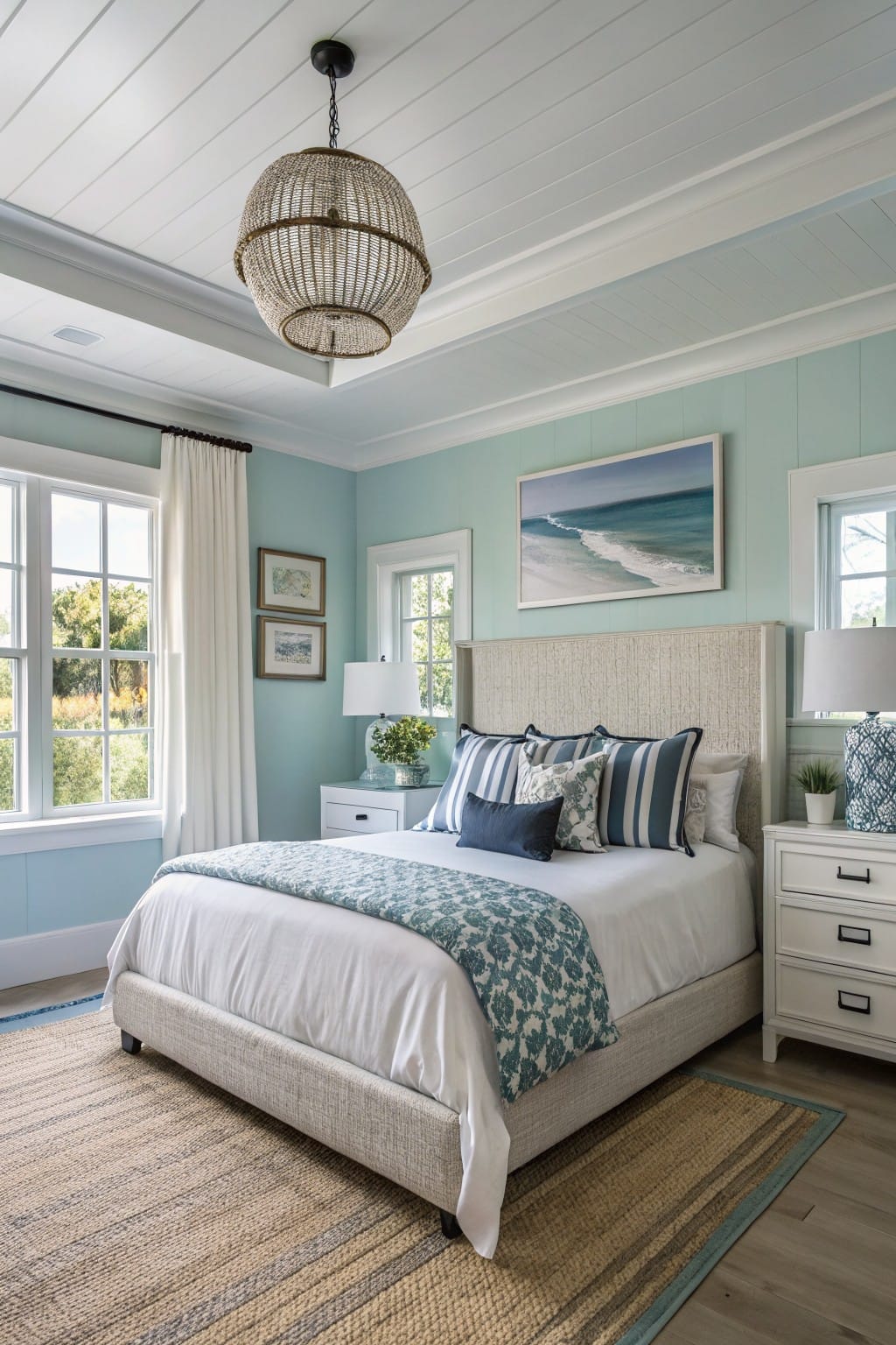 Bedroom with soft blue-green shiplap walls, beige upholstered bed dressed in white linens and blue pillows, rattan pendant light, coastal artwork, white nightstands, and hardwood floors under a seagrass rug