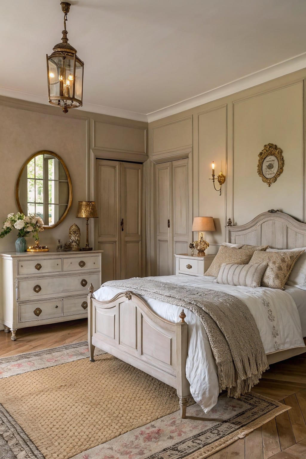 Elegant bedroom interior with pale greige paneled walls, whitewashed wood bed and dresser, gold accents, and layered neutral bedding on hardwood floors