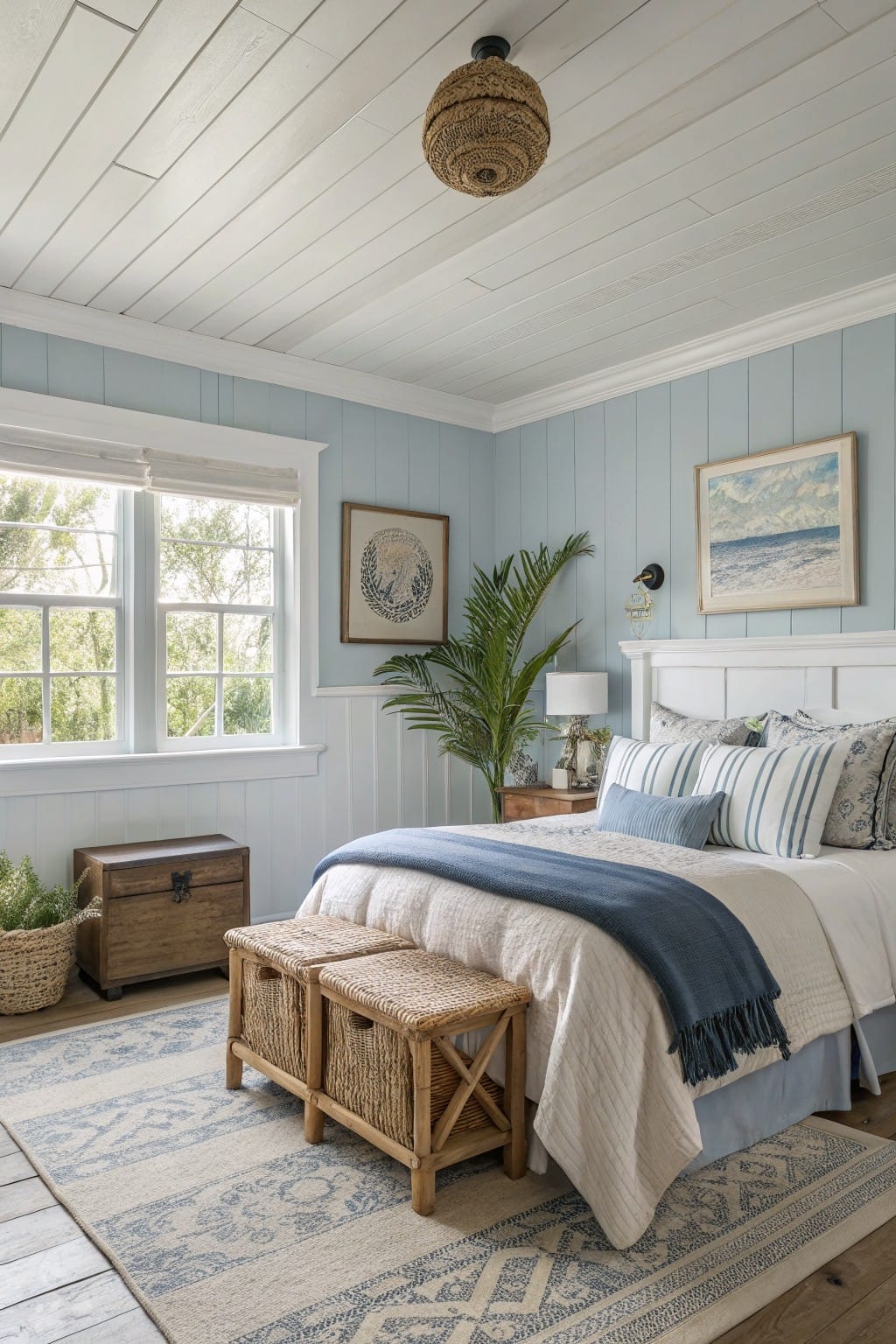 Cozy small bedroom with pale blue shiplap walls, white wooden bed dressed in white and blue linens, rattan storage benches on a blue-patterned rug, potted plants, and coastal artwork near large windows