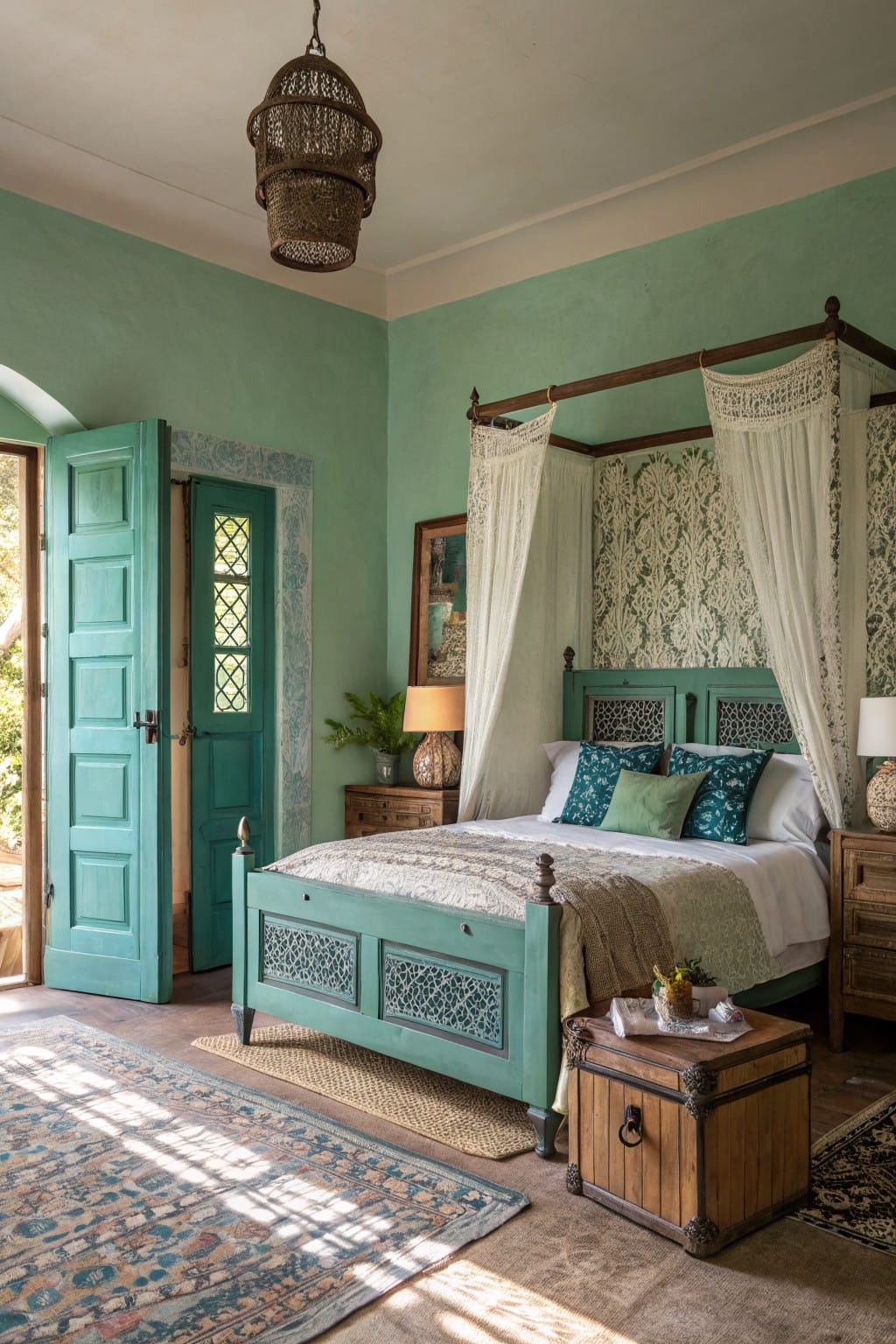 Bedroom interior with pale mint green walls, turquoise four-poster bed draped in white sheers, wooden furniture, rattan lantern, and open turquoise door letting in sunlight.