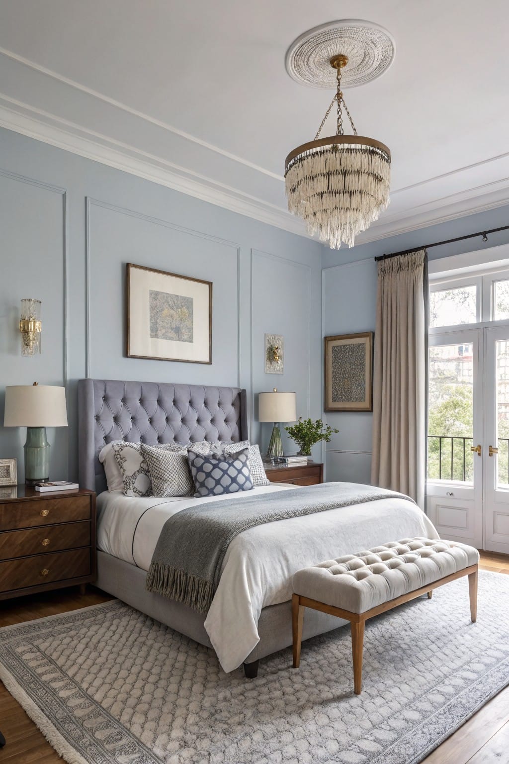 Pale blue paneled walls brightening a cozy bedroom with tufted gray headboard, wood nightstand, and sheer curtains over French doors