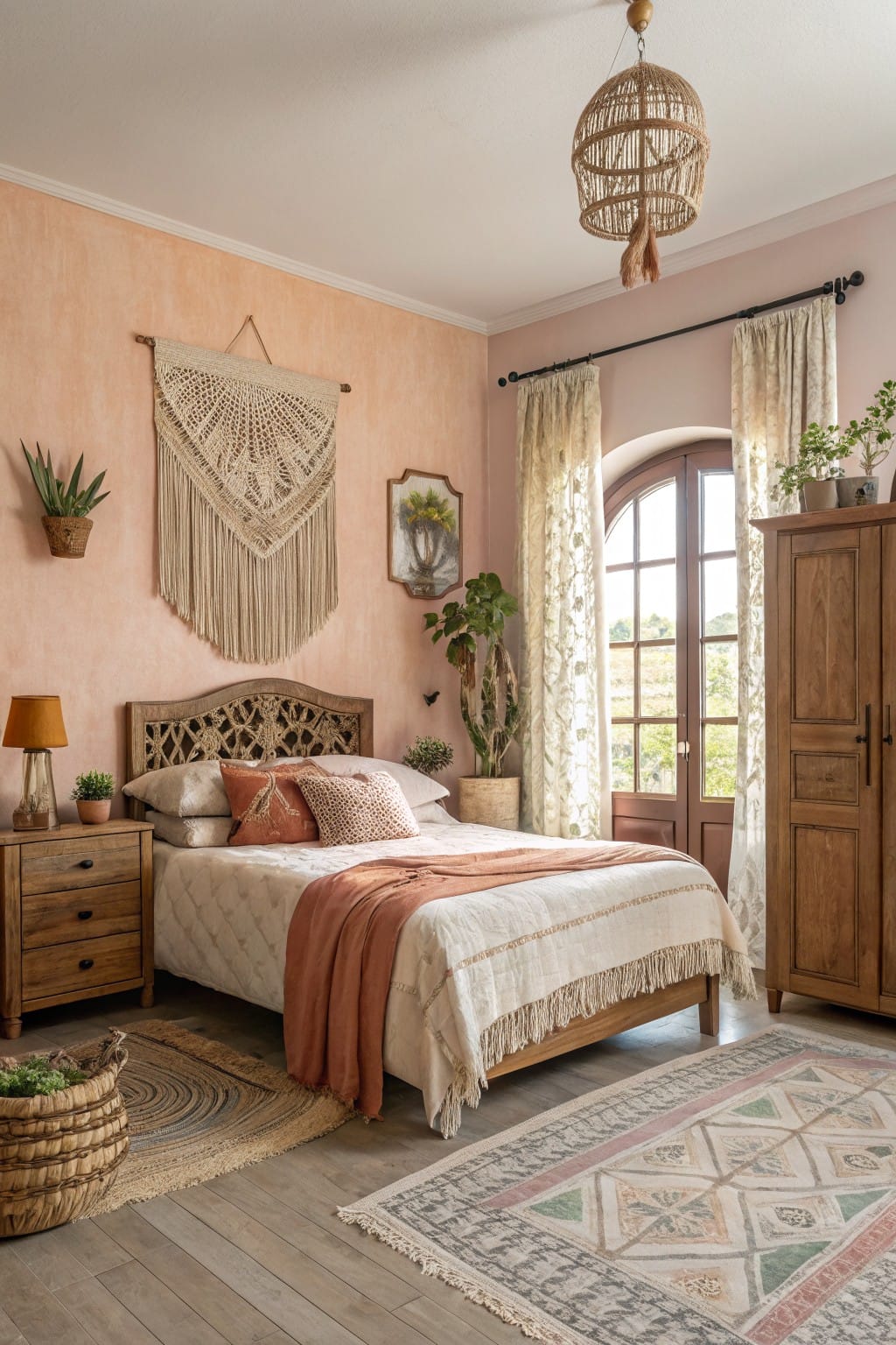 Bedroom interior with soft peach walls, carved wood headboard, rattan pendant light, macrame wall hanging, potted plants, and arched window overlooking greenery