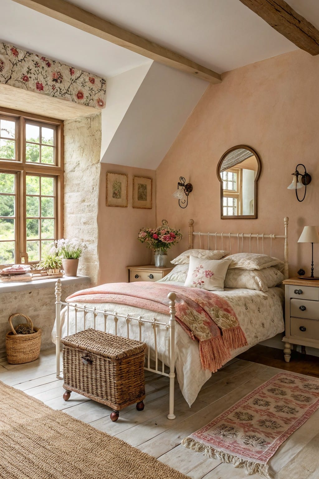 Cozy attic bedroom with soft peachy plaster walls, white iron bed dressed in floral linens, wood beams, and potted plants on the windowsill