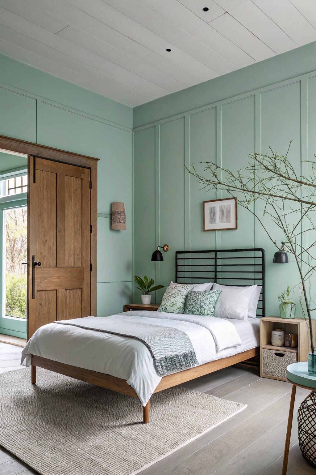 Bedroom with pale sage green paneled walls, wood bed frame, black metal headboard, plants, and open door to outdoors