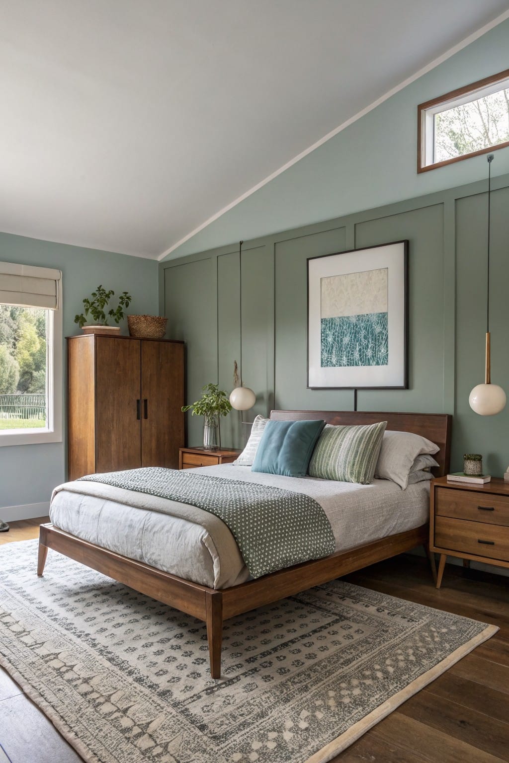 Bedroom with soft sage green board-and-batten accent wall, wooden mid-century modern bed frame and nightstands, neutral textured bedding, potted plants, and large windows with greenery views