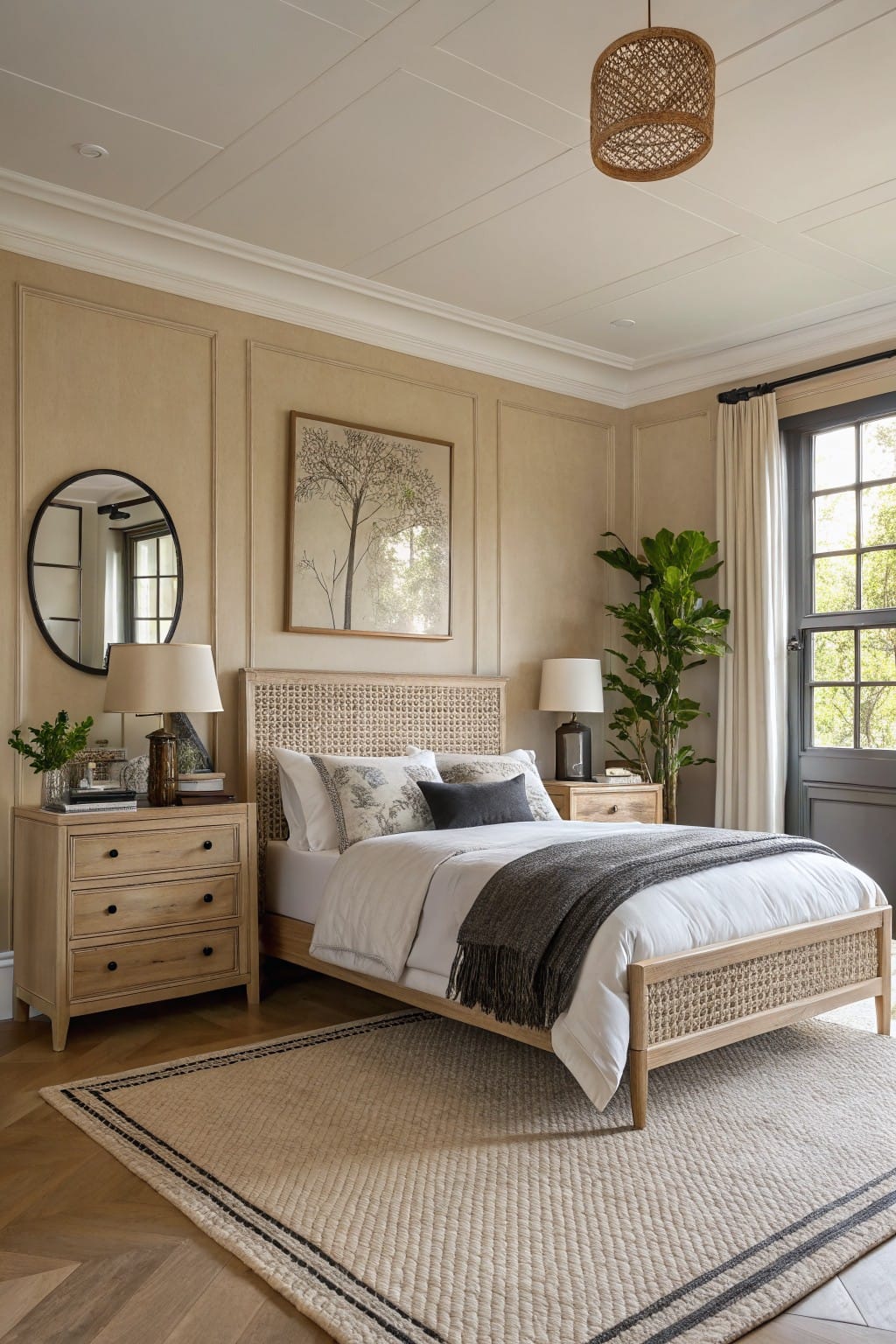 Bedroom with warm beige paneled walls, rattan bed, wood nightstands, and large potted plant by the window