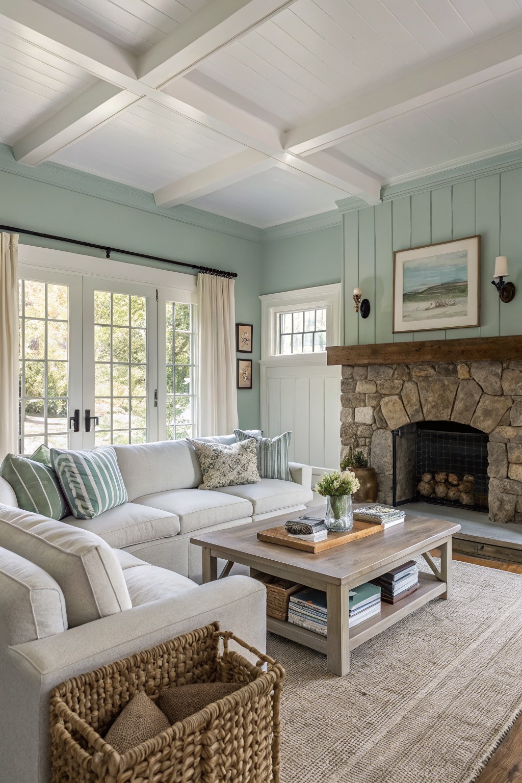 Cozy living room featuring pale aqua shiplap walls, white beamed ceiling, stone fireplace, white sectional sofa, wooden coffee table, and seagrass rug
