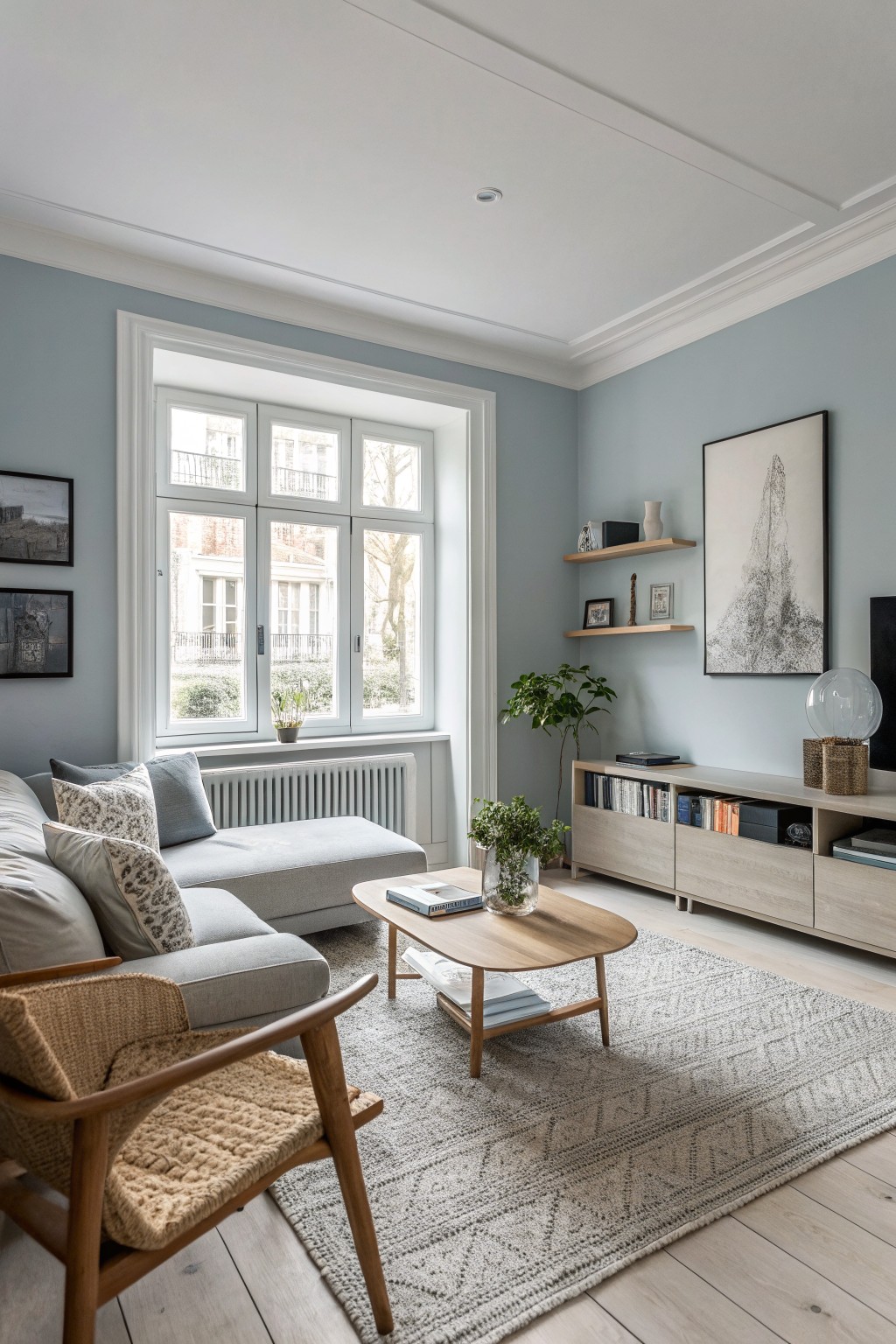 Living room with pale blue-gray walls, white trim, large windows, gray sofa, wood coffee table, and woven chair on light wood floors