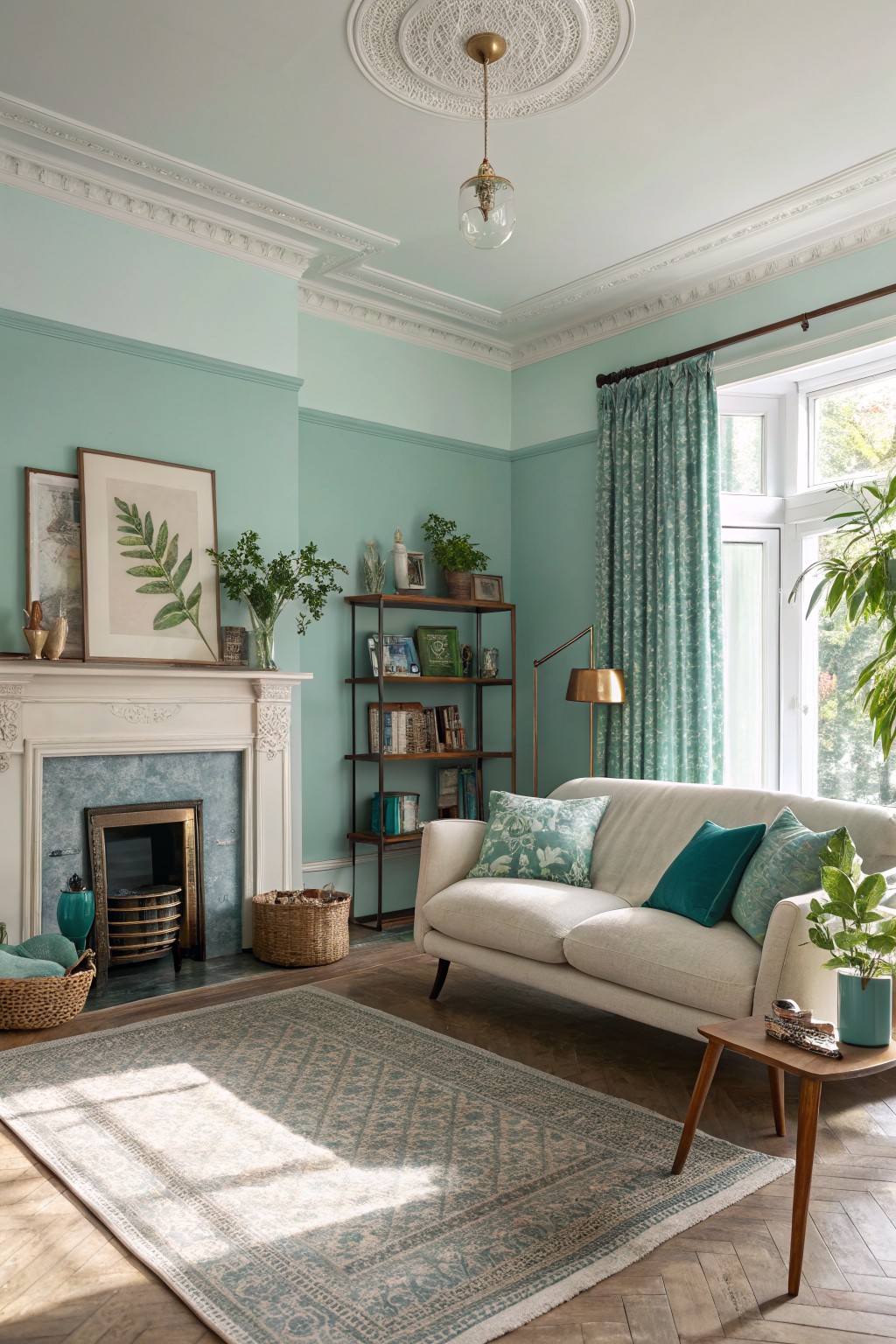 Living room featuring pale blue-green walls, cream sofa, wooden floors, fireplace, and potted plants