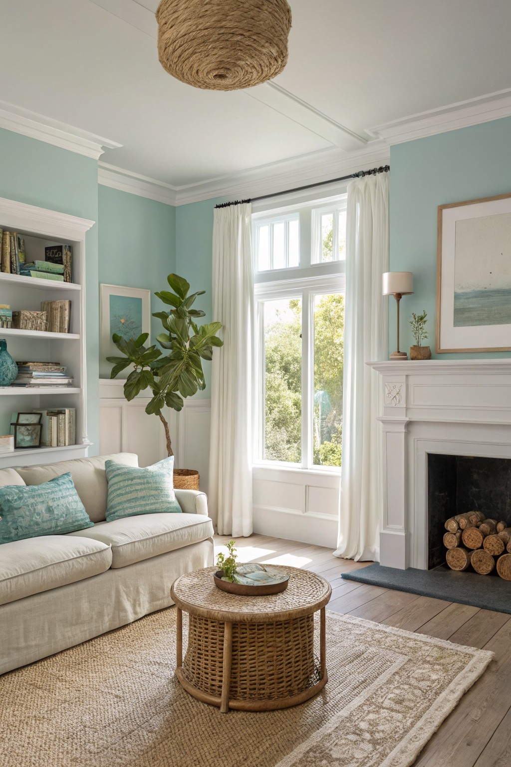 Living room with pale blue-green walls, white trim, cream sofa, potted plant, and fireplace