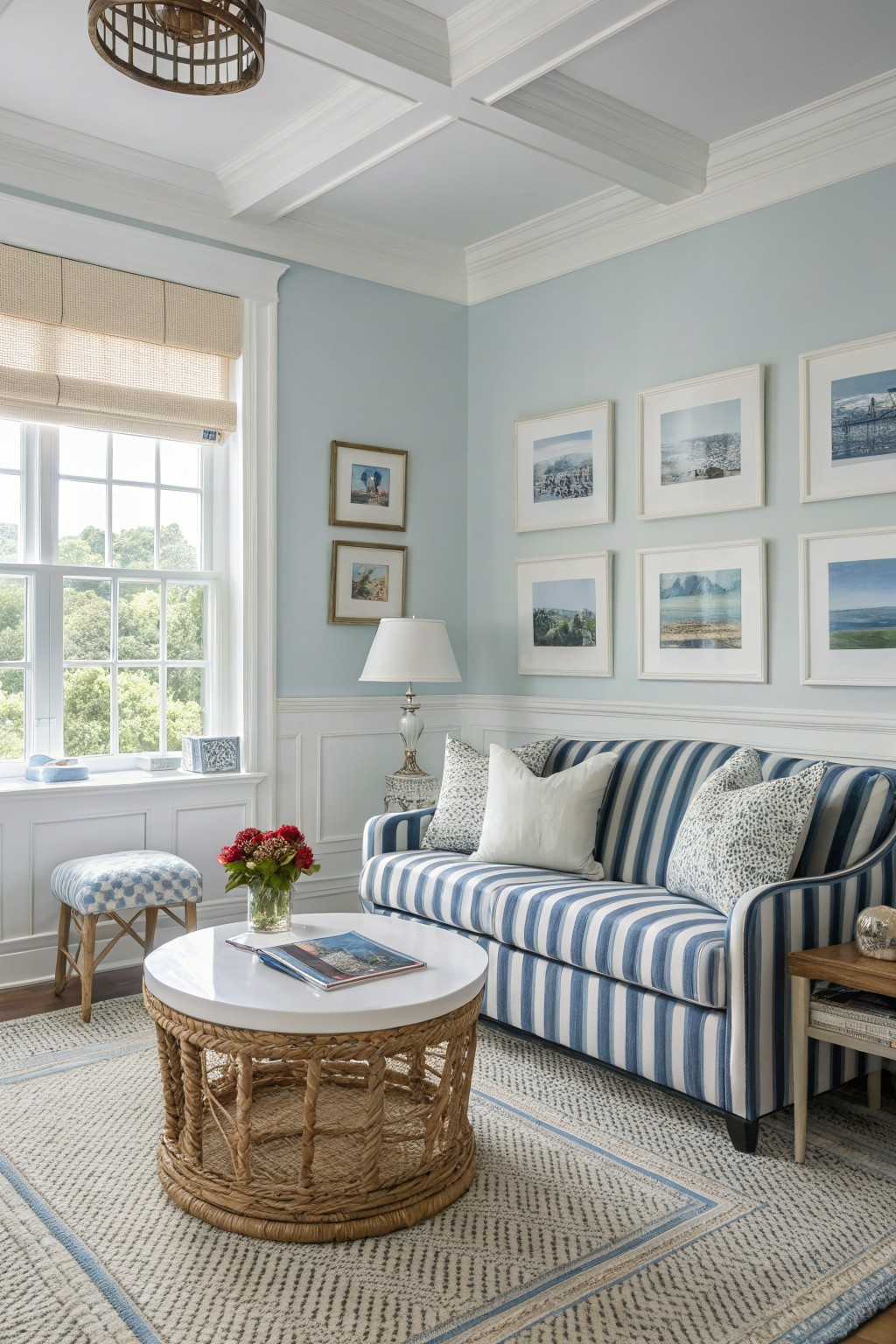 Cozy living room featuring pale blue walls, navy striped sofa with patterned pillows, rattan coffee table, and large window overlooking trees