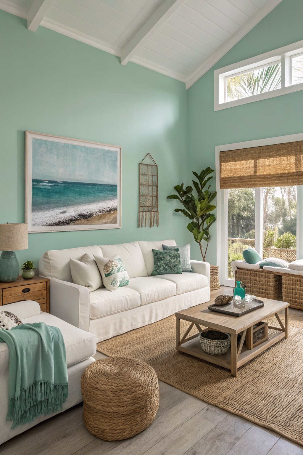Cozy living room featuring pale mint green walls with white sofa, woven accents, and coastal artwork